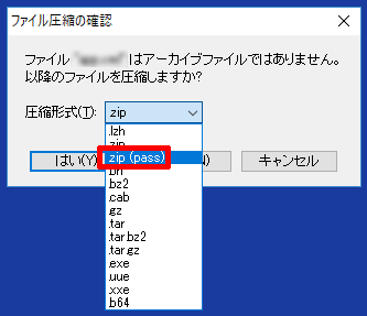 圧縮形式をzip(pass)に設定